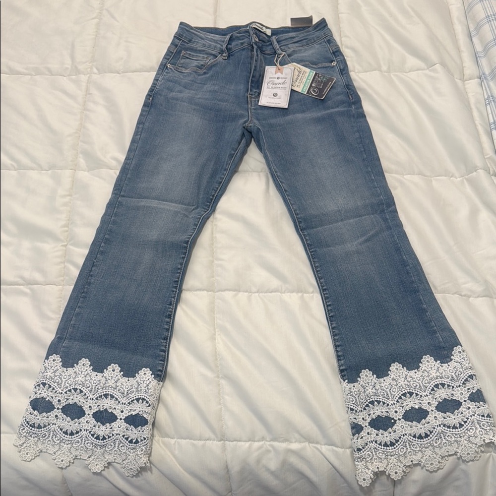 Women's Blue Jeans with Lace Hem. Imported from France.
